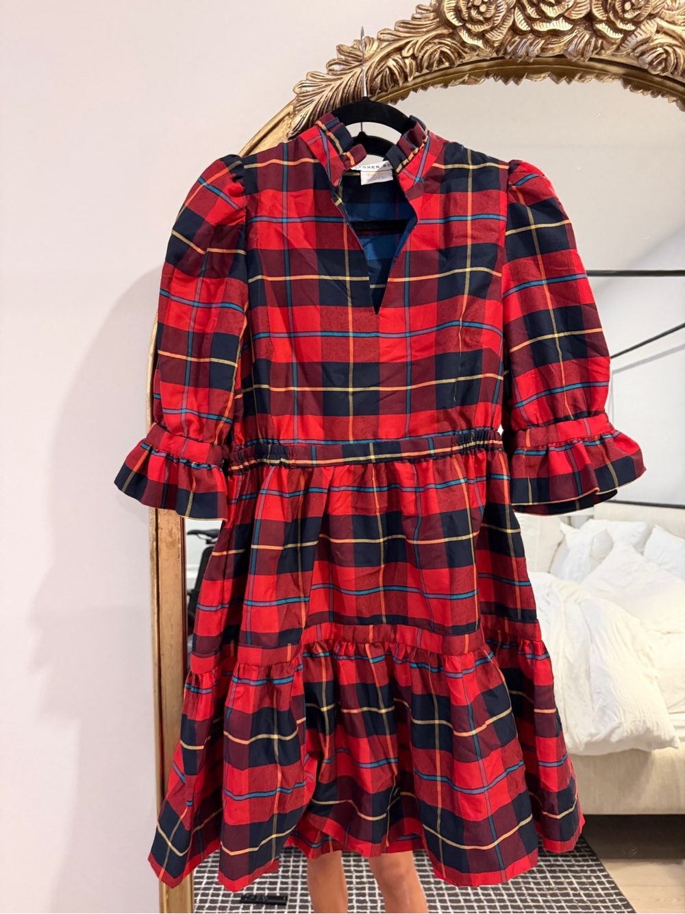 Gretchen Scott Designs Red Plaid Tiered Mini Dress